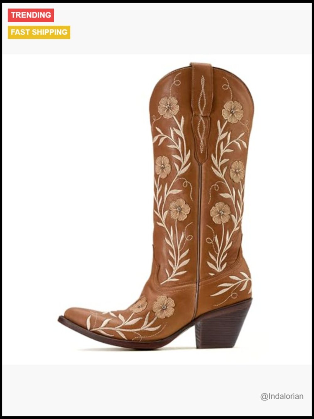 Wide Calf Chunky Heel Pointed Toe Flower Embroidered Western Cowgirl Knee High - Picture 5 of 7